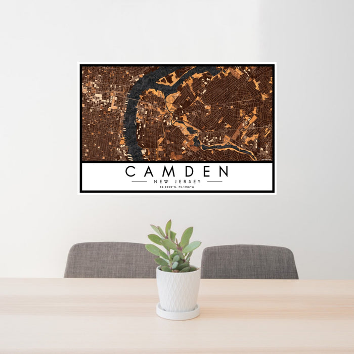24x36 Camden New Jersey Map Print Landscape Orientation in Ember Style Behind 2 Chairs Table and Potted Plant