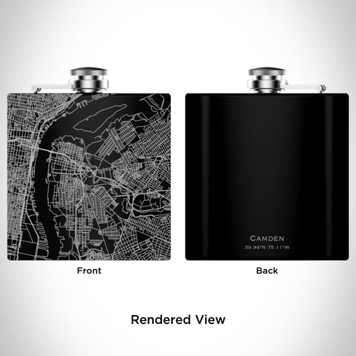 Rendered View of Camden New Jersey Map Engraving on 6oz Stainless Steel Flask in Black