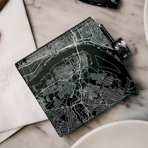Camden New Jersey Custom Engraved City Map Inscription Coordinates on 6oz Stainless Steel Flask in Black