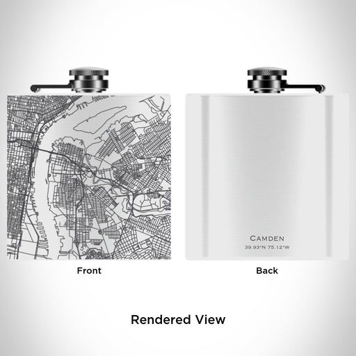 Rendered View of Camden New Jersey Map Engraving on 6oz Stainless Steel Flask in White