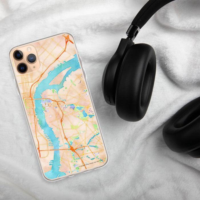Custom Camden New Jersey Map Phone Case in Watercolor on Table with Black Headphones
