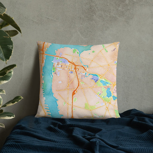Custom Camden New Jersey Map Throw Pillow in Watercolor on Bedding Against Wall
