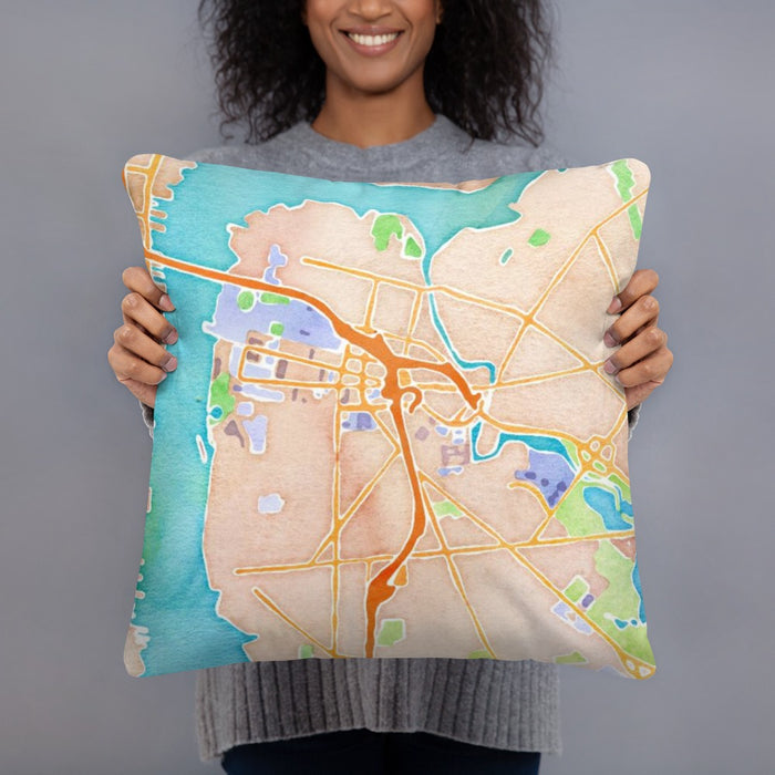 Person holding 18x18 Custom Camden New Jersey Map Throw Pillow in Watercolor
