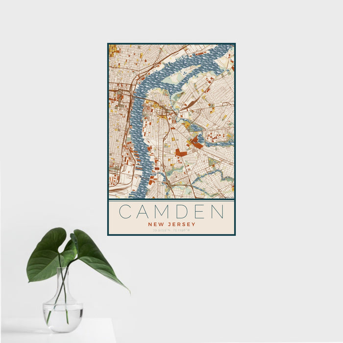 16x24 Camden New Jersey Map Print Portrait Orientation in Woodblock Style With Tropical Plant Leaves in Water