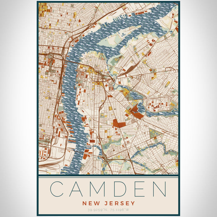 Camden New Jersey Map Print Portrait Orientation in Woodblock Style With Shaded Background
