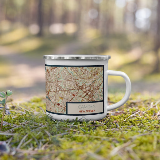 Right View Custom Camden New Jersey Map Enamel Mug in Woodblock on Grass With Trees in Background