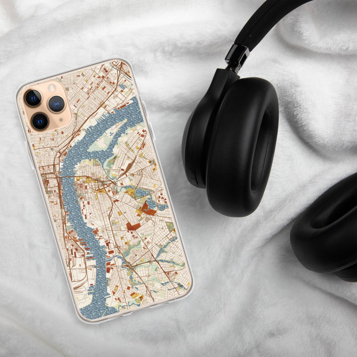Custom Camden New Jersey Map Phone Case in Woodblock on Table with Black Headphones