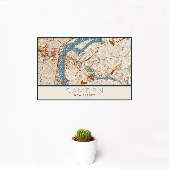 12x18 Camden New Jersey Map Print Landscape Orientation in Woodblock Style With Small Cactus Plant in White Planter