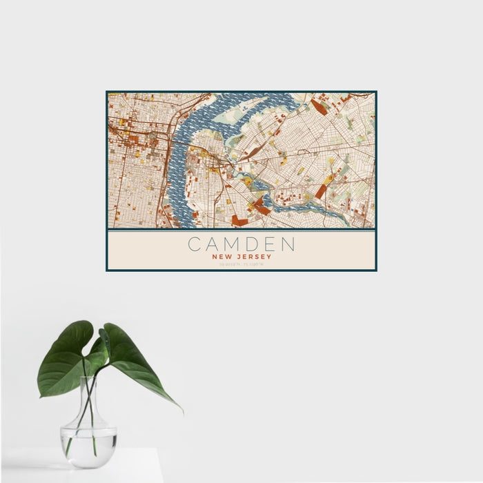 16x24 Camden New Jersey Map Print Landscape Orientation in Woodblock Style With Tropical Plant Leaves in Water