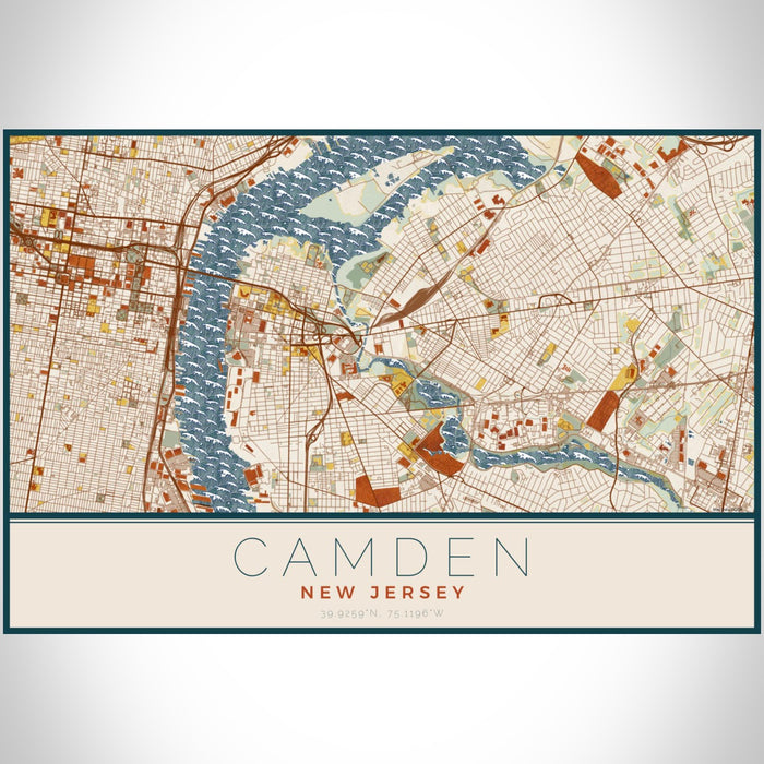 Camden New Jersey Map Print Landscape Orientation in Woodblock Style With Shaded Background