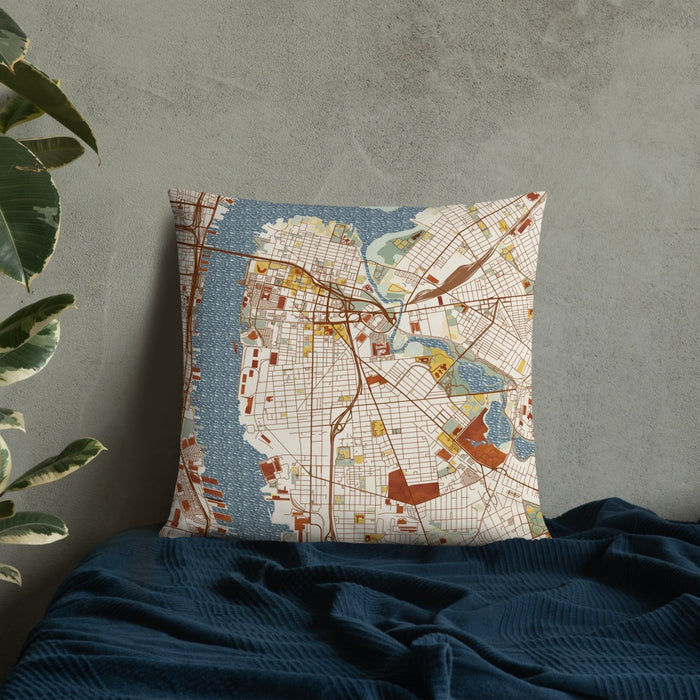 Custom Camden New Jersey Map Throw Pillow in Woodblock on Bedding Against Wall
