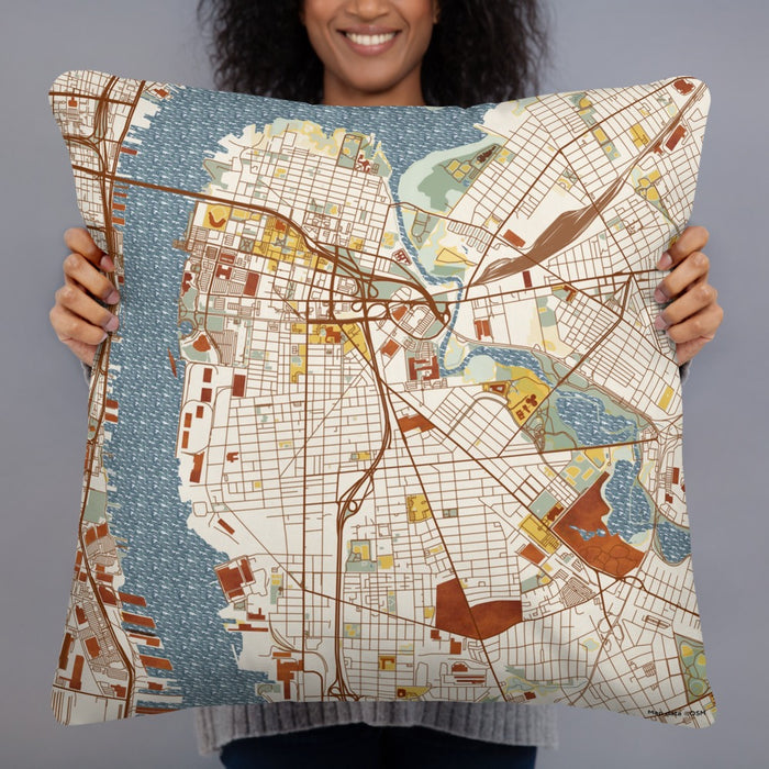 Person holding 22x22 Custom Camden New Jersey Map Throw Pillow in Woodblock