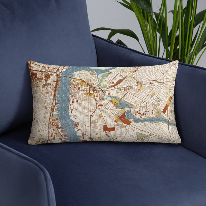 Custom Camden New Jersey Map Throw Pillow in Woodblock on Blue Colored Chair