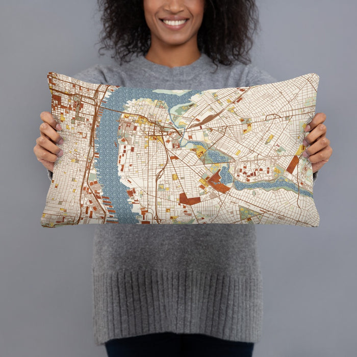 Person holding 20x12 Custom Camden New Jersey Map Throw Pillow in Woodblock