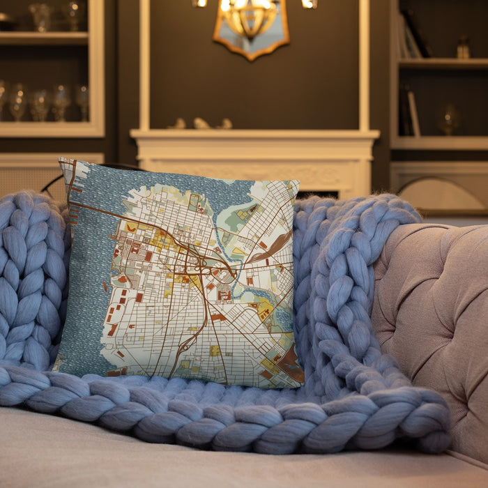 Custom Camden New Jersey Map Throw Pillow in Woodblock on Cream Colored Couch