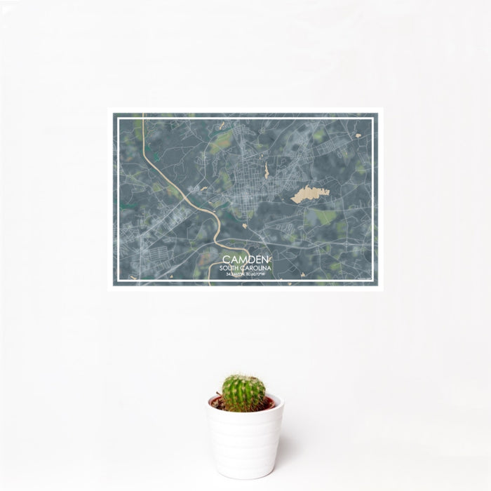 12x18 Camden South Carolina Map Print Landscape Orientation in Afternoon Style With Small Cactus Plant in White Planter