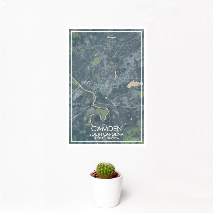 12x18 Camden South Carolina Map Print Portrait Orientation in Afternoon Style With Small Cactus Plant in White Planter