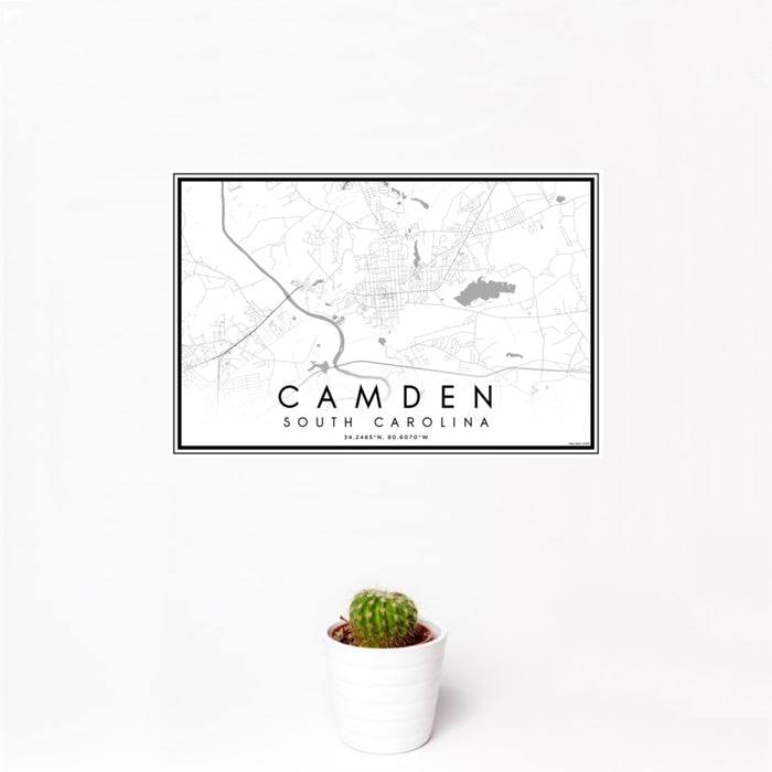 12x18 Camden South Carolina Map Print Landscape Orientation in Classic Style With Small Cactus Plant in White Planter