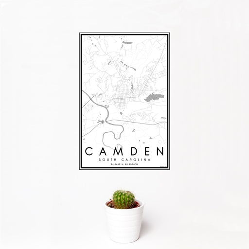 12x18 Camden South Carolina Map Print Portrait Orientation in Classic Style With Small Cactus Plant in White Planter