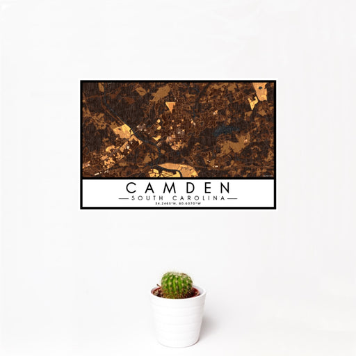12x18 Camden South Carolina Map Print Landscape Orientation in Ember Style With Small Cactus Plant in White Planter