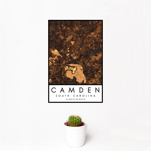 12x18 Camden South Carolina Map Print Portrait Orientation in Ember Style With Small Cactus Plant in White Planter