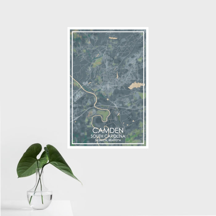 16x24 Camden South Carolina Map Print Portrait Orientation in Afternoon Style With Tropical Plant Leaves in Water