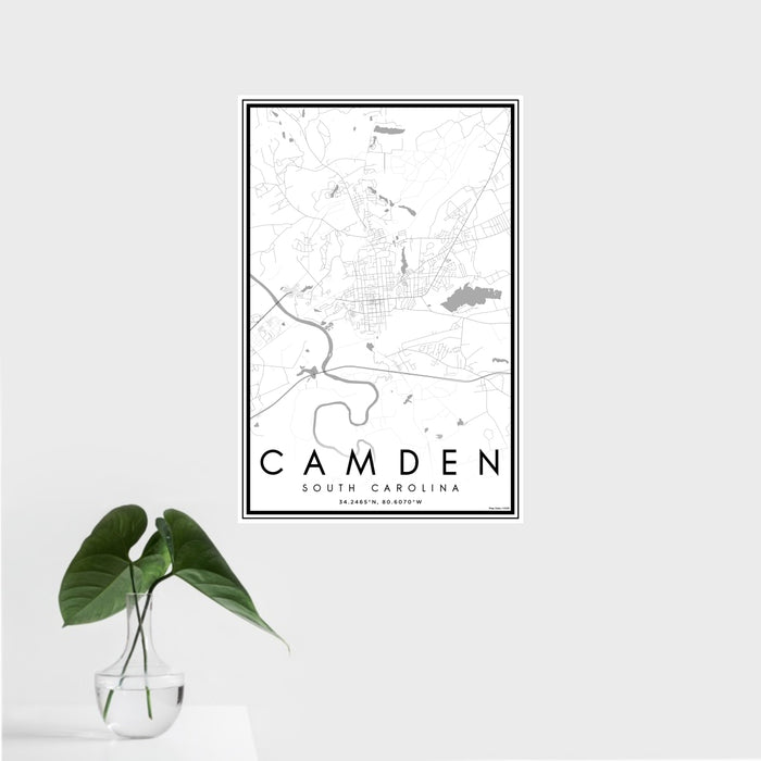 16x24 Camden South Carolina Map Print Portrait Orientation in Classic Style With Tropical Plant Leaves in Water