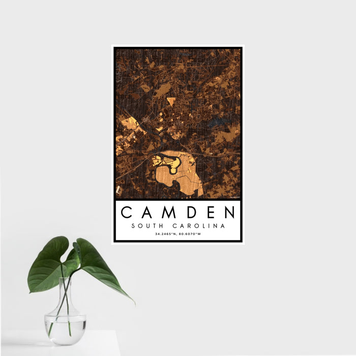 16x24 Camden South Carolina Map Print Portrait Orientation in Ember Style With Tropical Plant Leaves in Water