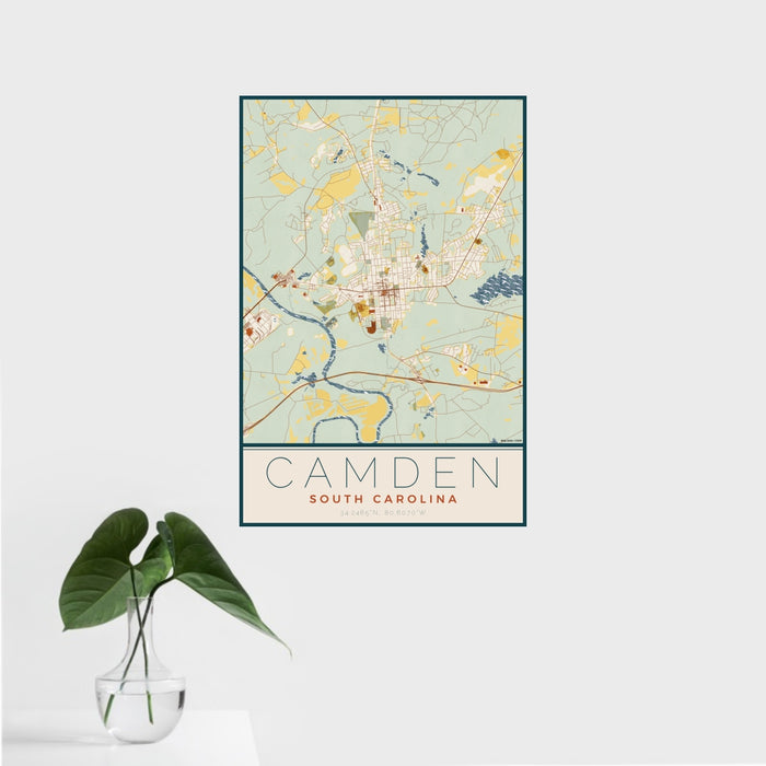 16x24 Camden South Carolina Map Print Portrait Orientation in Woodblock Style With Tropical Plant Leaves in Water
