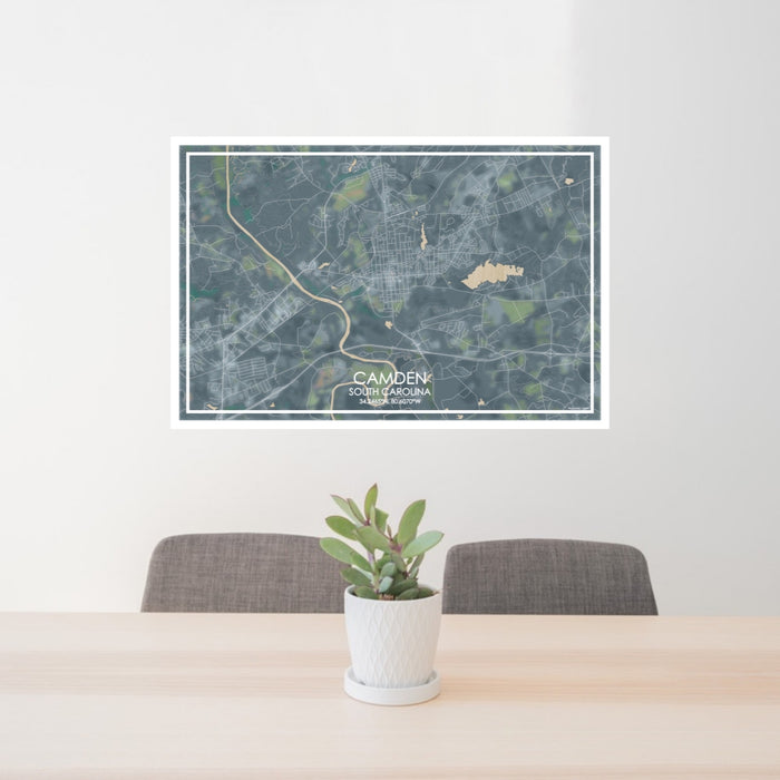 24x36 Camden South Carolina Map Print Lanscape Orientation in Afternoon Style Behind 2 Chairs Table and Potted Plant