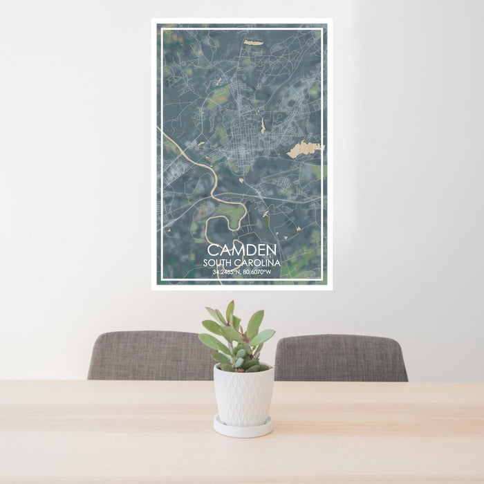 24x36 Camden South Carolina Map Print Portrait Orientation in Afternoon Style Behind 2 Chairs Table and Potted Plant