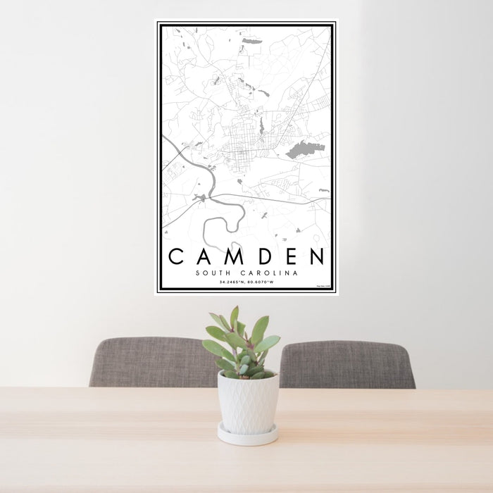 24x36 Camden South Carolina Map Print Portrait Orientation in Classic Style Behind 2 Chairs Table and Potted Plant