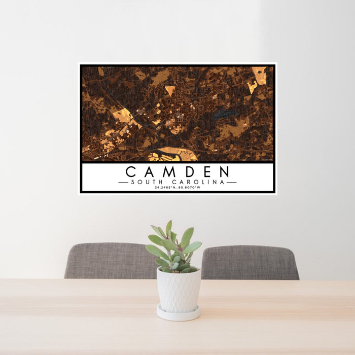 24x36 Camden South Carolina Map Print Lanscape Orientation in Ember Style Behind 2 Chairs Table and Potted Plant
