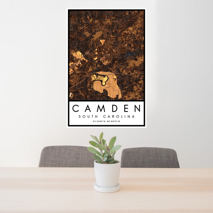 24x36 Camden South Carolina Map Print Portrait Orientation in Ember Style Behind 2 Chairs Table and Potted Plant