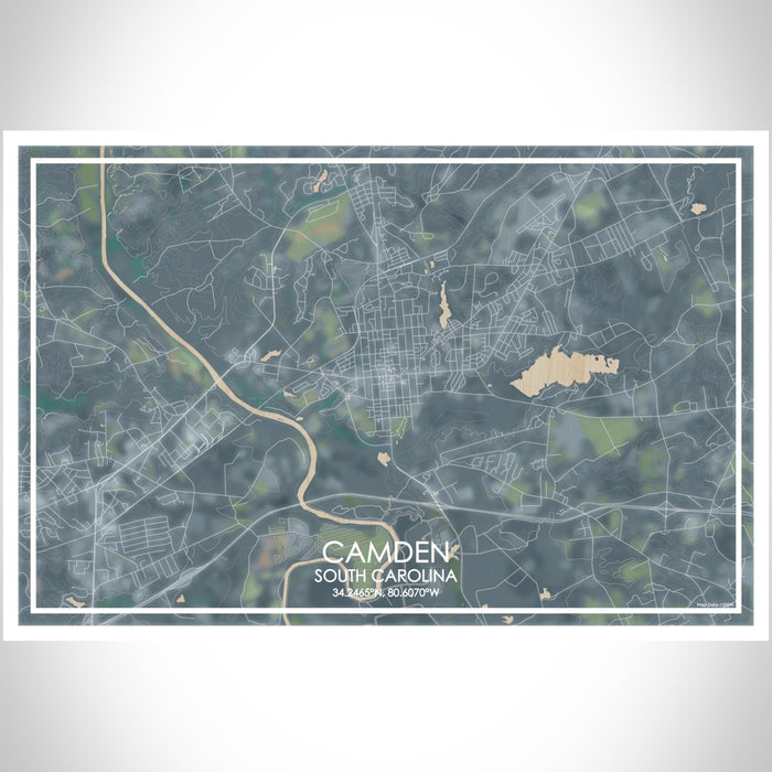 Camden South Carolina Map Print Landscape Orientation in Afternoon Style With Shaded Background
