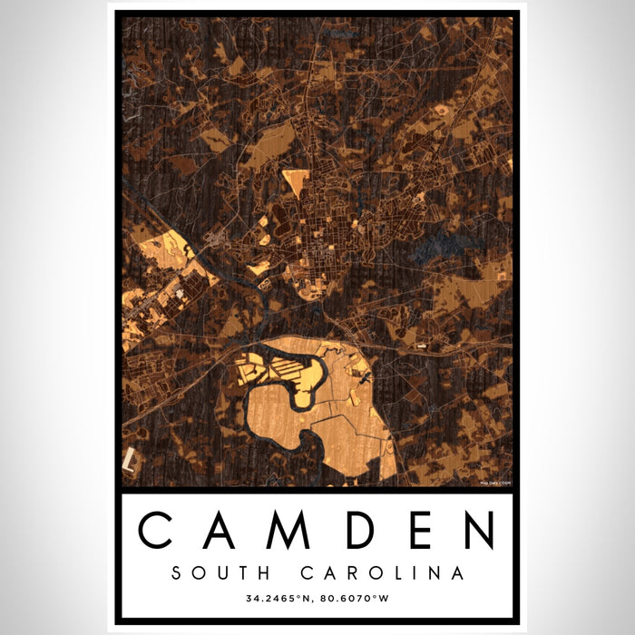 Camden South Carolina Map Print Portrait Orientation in Ember Style With Shaded Background