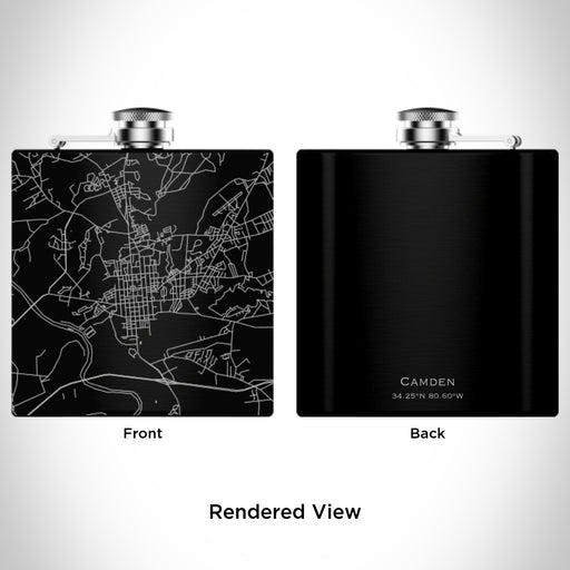 Rendered View of Camden South Carolina Map Engraving on 6oz Stainless Steel Flask in Black