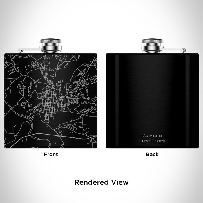 Rendered View of Camden South Carolina Map Engraving on 6oz Stainless Steel Flask in Black