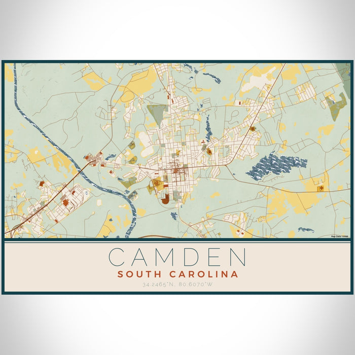 Camden South Carolina Map Print Landscape Orientation in Woodblock Style With Shaded Background