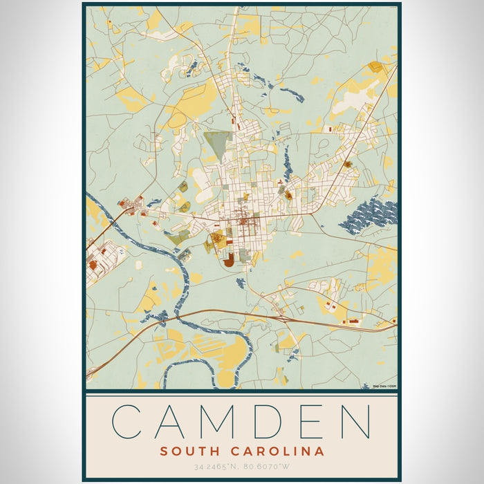 Camden South Carolina Map Print Portrait Orientation in Woodblock Style With Shaded Background