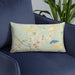 Custom Camden South Carolina Map Throw Pillow in Woodblock on Blue Colored Chair