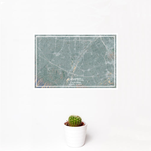12x18 Campbell California Map Print Landscape Orientation in Afternoon Style With Small Cactus Plant in White Planter
