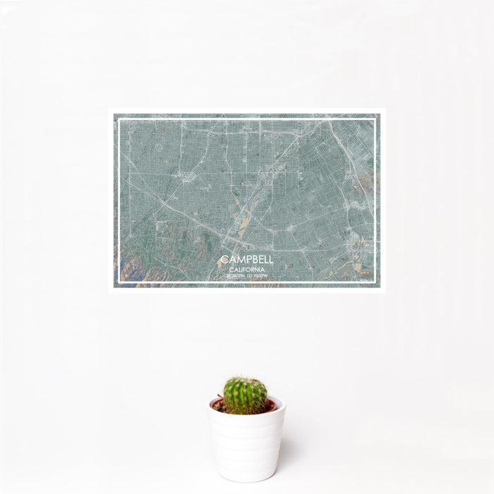 12x18 Campbell California Map Print Landscape Orientation in Afternoon Style With Small Cactus Plant in White Planter