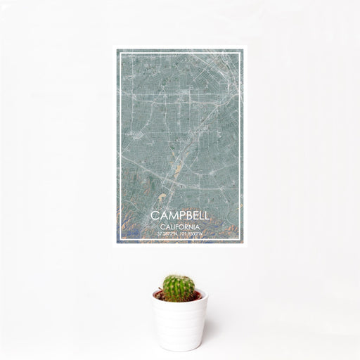 12x18 Campbell California Map Print Portrait Orientation in Afternoon Style With Small Cactus Plant in White Planter