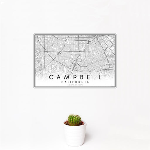 12x18 Campbell California Map Print Landscape Orientation in Classic Style With Small Cactus Plant in White Planter