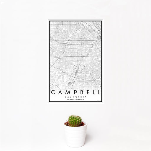 12x18 Campbell California Map Print Portrait Orientation in Classic Style With Small Cactus Plant in White Planter