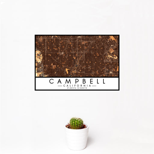 12x18 Campbell California Map Print Landscape Orientation in Ember Style With Small Cactus Plant in White Planter