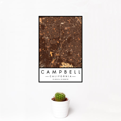 12x18 Campbell California Map Print Portrait Orientation in Ember Style With Small Cactus Plant in White Planter
