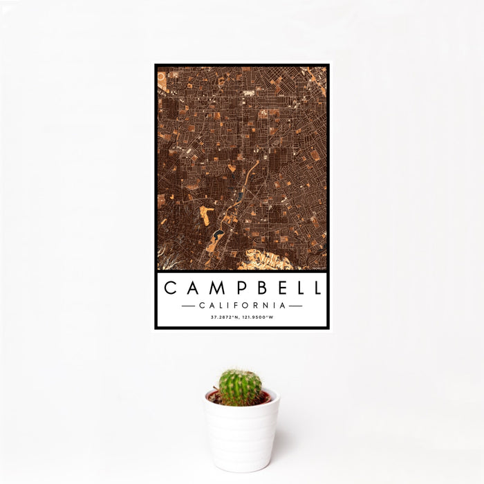 12x18 Campbell California Map Print Portrait Orientation in Ember Style With Small Cactus Plant in White Planter