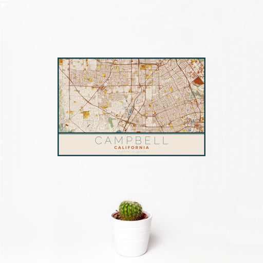 12x18 Campbell California Map Print Landscape Orientation in Woodblock Style With Small Cactus Plant in White Planter